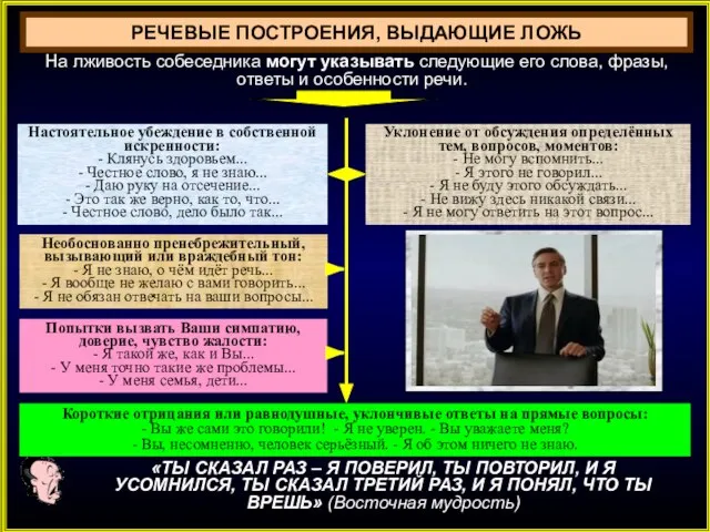 РЕЧЕВЫЕ ПОСТРОЕНИЯ, ВЫДАЮЩИЕ ЛОЖЬ На лживость собеседника могут указывать следующие его слова,