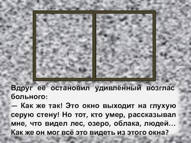 Вдруг её остановил удивлённый возглас больного: — Как же так! Это окно