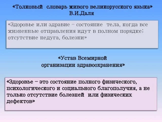 «Толковый словарь живого великорусского языка» В.И.Даля «Здоровье или здравие – состояние тела,