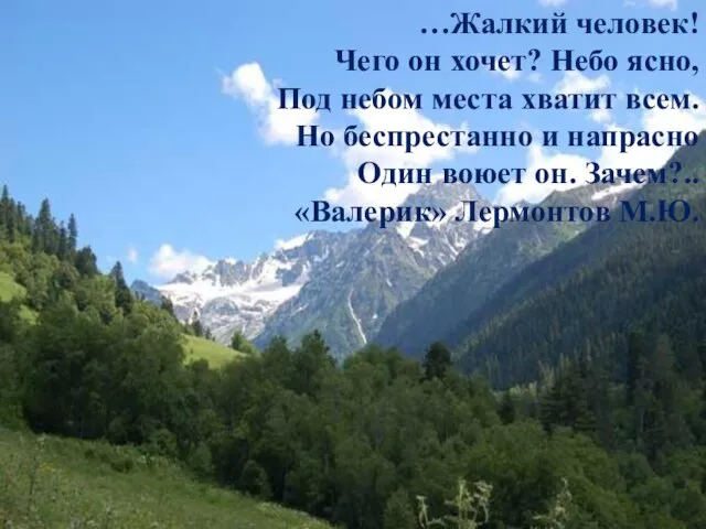 …Жалкий человек! Чего он хочет? Небо ясно, Под небом места хватит всем.