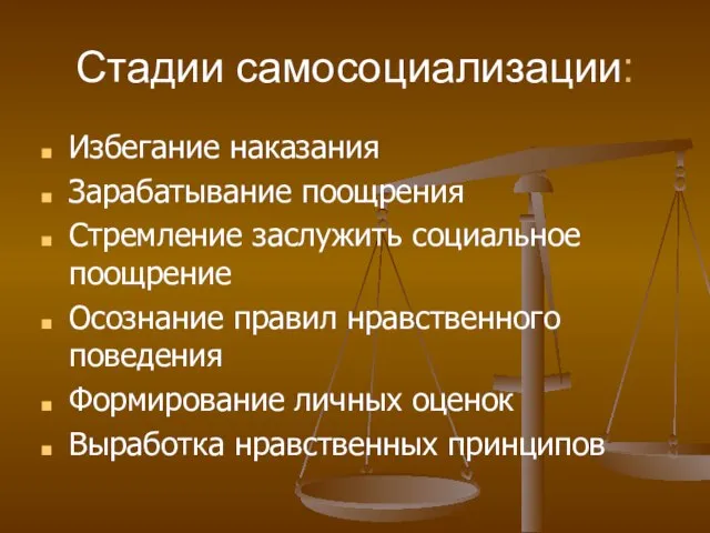 Стадии самосоциализации: Избегание наказания Зарабатывание поощрения Стремление заслужить социальное поощрение Осознание правил