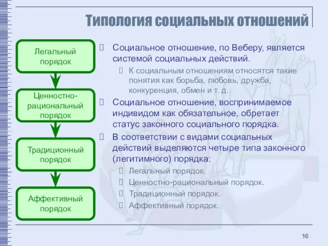 Типология социальных отношений Социальное отношение, по Веберу, является системой социальных действий. К