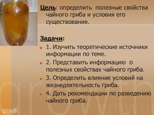 Цель: определить полезные свойства чайного гриба и условия его существования. Задачи: 1.