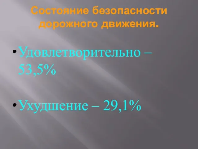 Удовлетворительно – 53,5% Ухудшение – 29,1% Состояние безопасности дорожного движения.