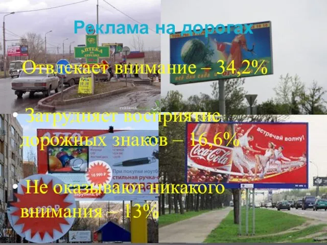 Отвлекает внимание – 34,2% Затрудняет восприятие дорожных знаков – 16,6% Не оказывают