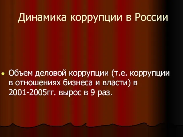 Динамика коррупции в России Объем деловой коррупции (т.е. коррупции в отношениях бизнеса