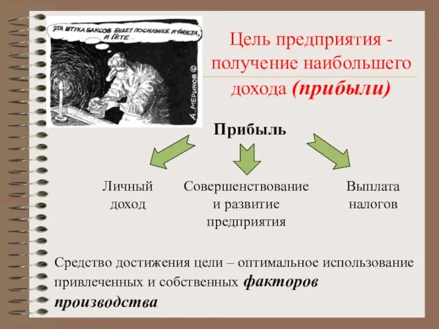 Цель предприятия - получение наибольшего дохода (прибыли) Средство достижения цели – оптимальное