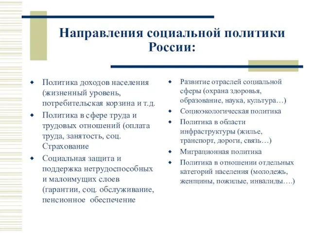 Направления социальной политики России: Политика доходов населения (жизненный уровень, потребительская корзина и