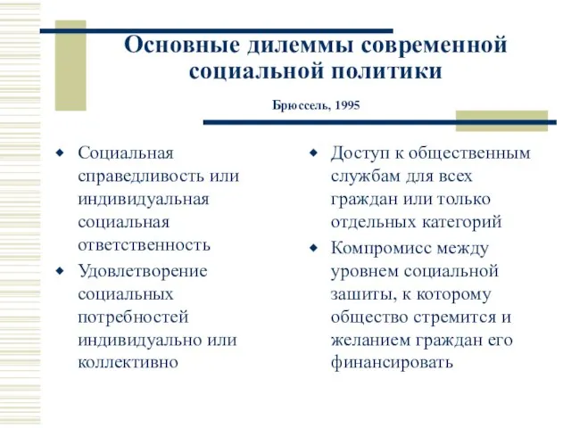 Основные дилеммы современной социальной политики Брюссель, 1995 Социальная справедливость или индивидуальная социальная