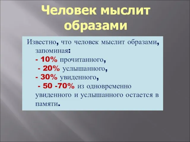 Человек мыслит образами Известно, что человек мыслит образами, запоминая: - 10% прочитанного,