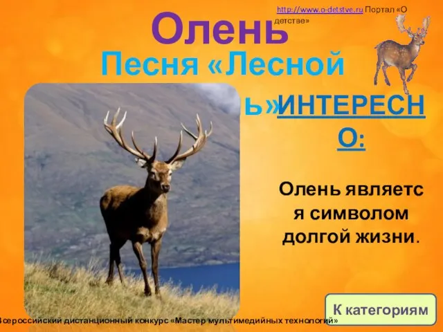 Олень ИНТЕРЕСНО: Олень является символом долгой жизни. Песня «Лесной олень» К категориям