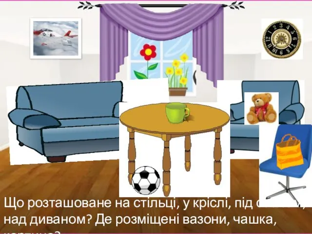 Що розташоване на стільці, у кріслі, під столом, над диваном? Де розміщені вазони, чашка, картина?