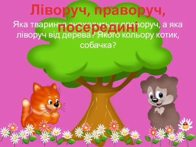 Яка тваринка знаходиться праворуч, а яка ліворуч від дерева? Якого кольору котик, собачка? Ліворуч, праворуч, посередині