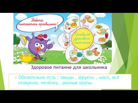 Здоровое питание для школьника Обязательно есть : овощи , фрукты , мясо,