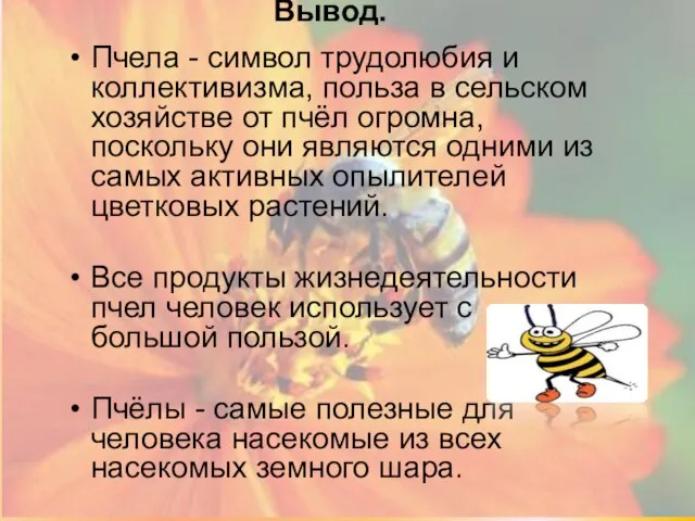 Вывод. Пчела - символ трудолюбия и коллективизма, польза в сельском хозяйстве от