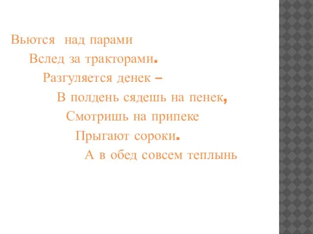 Вьются над парами Вслед за тракторами. Разгуляется денек – В полдень сядешь