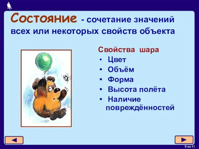 Состояние - сочетание значений всех или некоторых свойств объекта Свойства шара Цвет