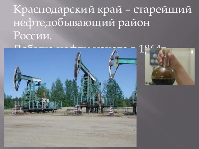 Краснодарский край – старейший нефтедобывающий район России. Добыча нефти начата в 1864г.