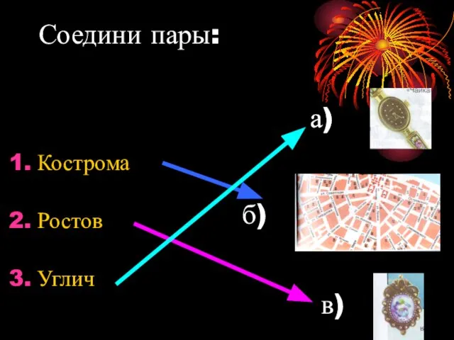 Соедини пары: Кострома Ростов Углич а) а) б) в)