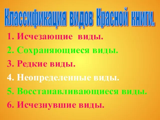 1. Исчезающие виды. 2. Сохраняющиеся виды. 3. Редкие виды. 4. Неопределенные виды.