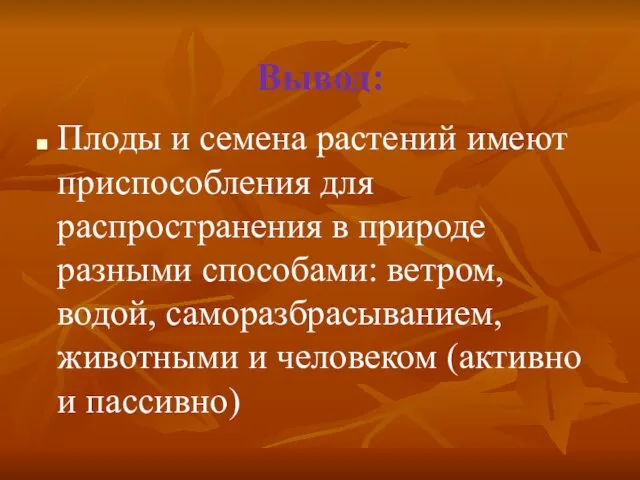 Вывод: Плоды и семена растений имеют приспособления для распространения в природе разными