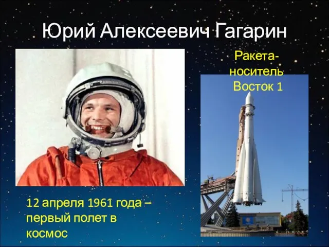 Юрий Алексеевич Гагарин 12 апреля 1961 года – первый полет в космос Ракета-носитель Восток 1