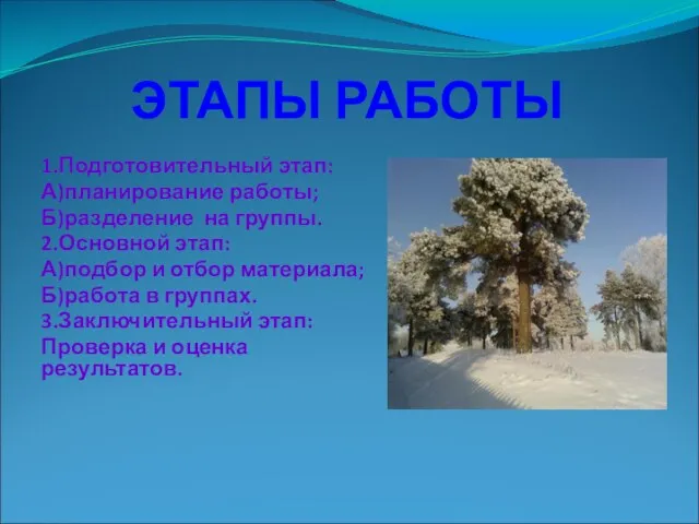 ЭТАПЫ РАБОТЫ 1.Подготовительный этап: А)планирование работы; Б)разделение на группы. 2.Основной этап: А)подбор