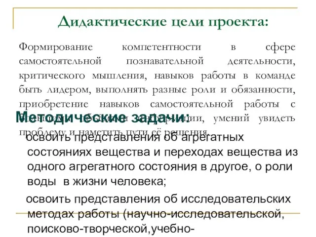 Дидактические цели проекта: Формирование компетентности в сфере самостоятельной познавательной деятельности, критического мышления,