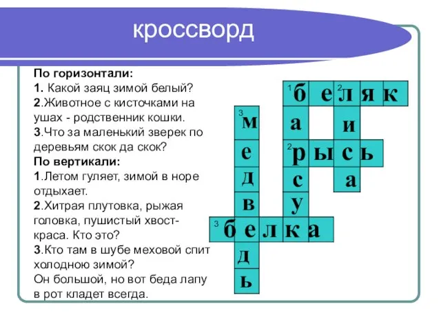 кроссворд По горизонтали: 1. Какой заяц зимой белый? 2.Животное с кисточками на