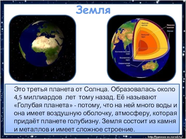 Земля Это третья планета от Солнца. Образовалась около 4,5 миллиардов лет тому