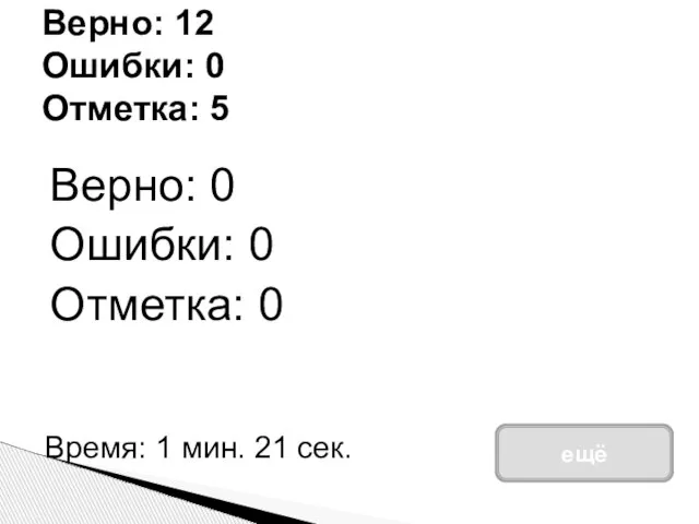 Верно: 0 Ошибки: 0 Отметка: 0 Верно: 12 Ошибки: 0 Отметка: 5