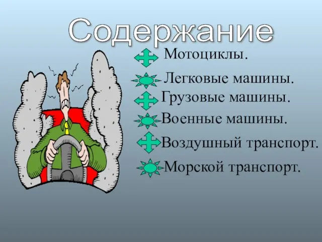 Содержание Мотоциклы. Легковые машины. Грузовые машины. Военные машины. Воздушный транспорт. Морской транспорт.