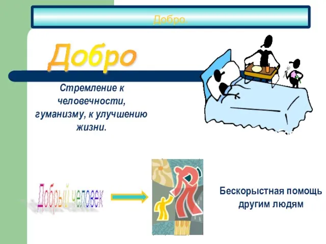 Добро. -доверие, справедливость, милосердие, права, свобода, нравственность, демократия и тд. Добрый человек