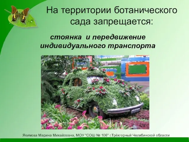 На территории ботанического сада запрещается: стоянка и передвижение индивидуального транспорта Якимова Марина