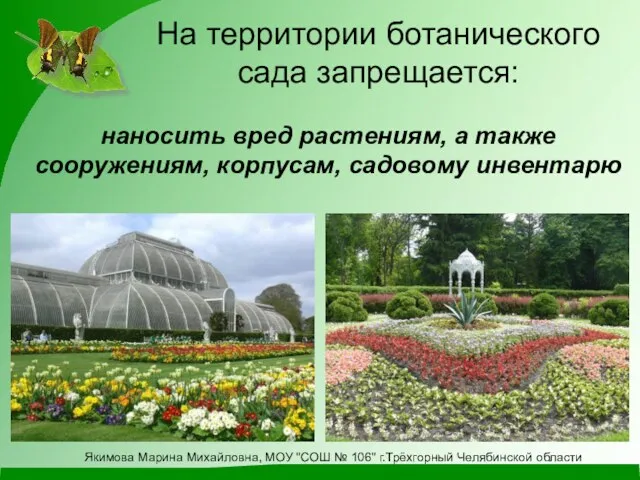 На территории ботанического сада запрещается: наносить вред растениям, а также сооружениям, корпусам,