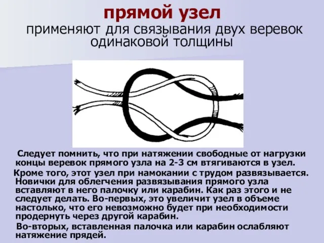 прямой узел применяют для связывания двух веревок одинаковой толщины Следует помнить, что