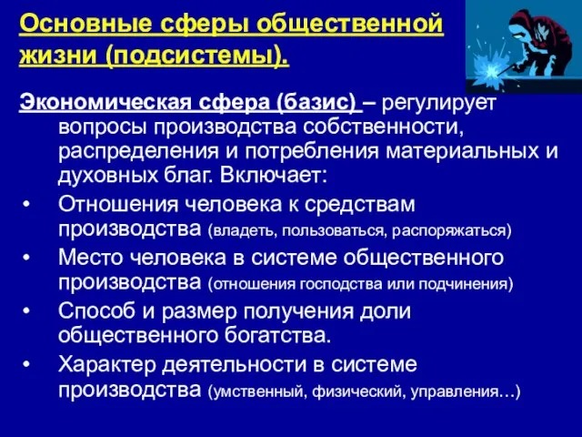 Основные сферы общественной жизни (подсистемы). Экономическая сфера (базис) – регулирует вопросы производства