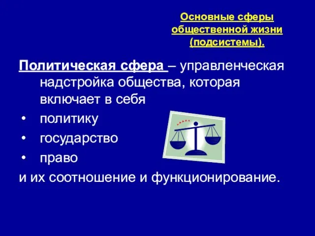 Основные сферы общественной жизни (подсистемы). Политическая сфера – управленческая надстройка общества, которая