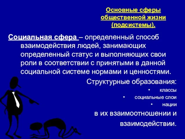 Основные сферы общественной жизни (подсистемы). Социальная сфера – определенный способ взаимодействия людей,