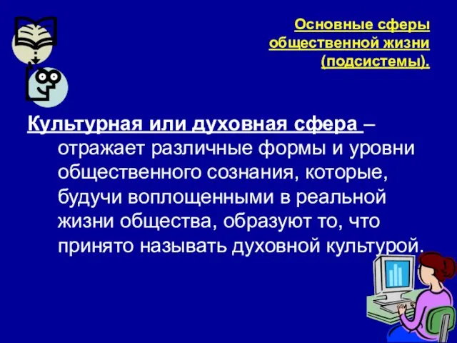 Основные сферы общественной жизни (подсистемы). Культурная или духовная сфера – отражает различные