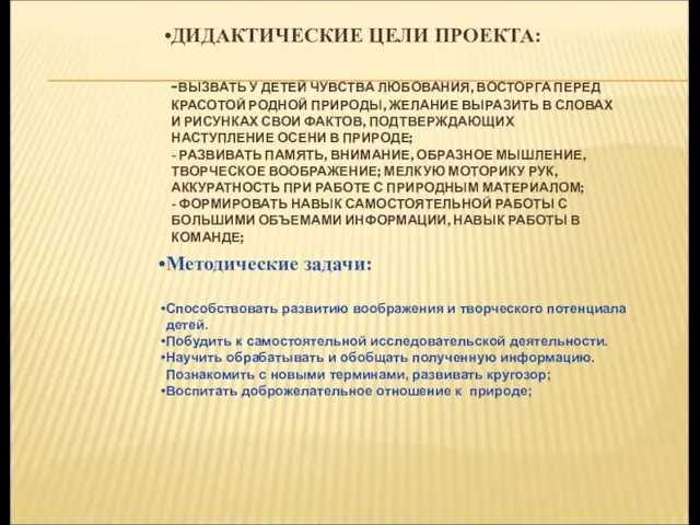 ДИДАКТИЧЕСКИЕ ЦЕЛИ ПРОЕКТА: -ВЫЗВАТЬ У ДЕТЕЙ ЧУВСТВА ЛЮБОВАНИЯ, ВОСТОРГА ПЕРЕД КРАСОТОЙ РОДНОЙ