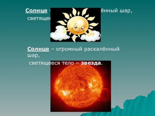 Солнце – огромный раскалённый шар, светящееся тело – звезда. Солнце – огромный