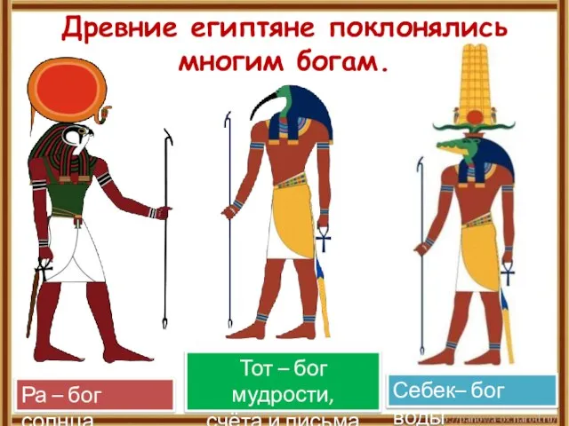 Древние египтяне поклонялись многим богам. Ра – бог солнца Себек– бог воды