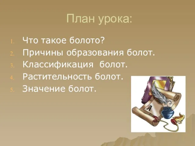 План урока: Что такое болото? Причины образования болот. Классификация болот. Растительность болот. Значение болот.