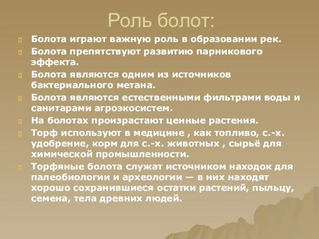 Роль болот: Болота играют важную роль в образовании рек. Болота препятствуют развитию