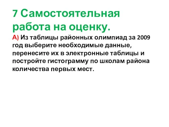 7 Самостоятельная работа на оценку. А) Из таблицы районных олимпиад за 2009