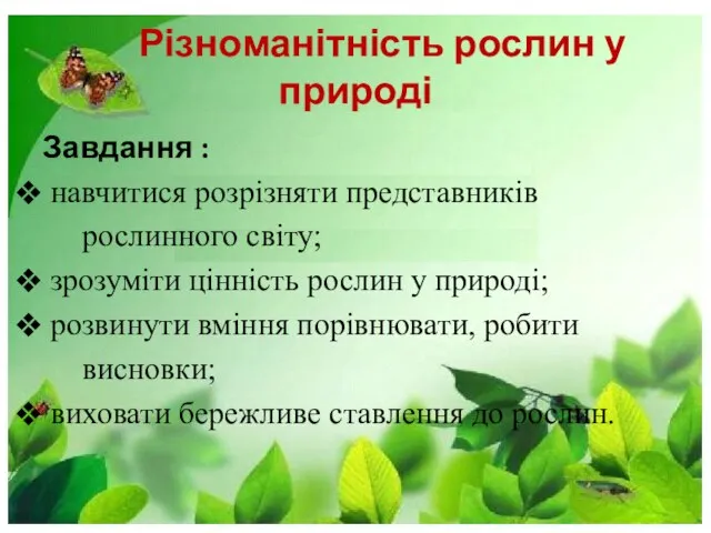 Різноманітність рослин у природі Завдання : навчитися розрізняти представників рослинного світу; зрозуміти