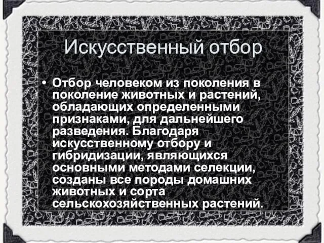 Искусственный отбор Отбор человеком из поколения в поколение животных и растений, обладающих