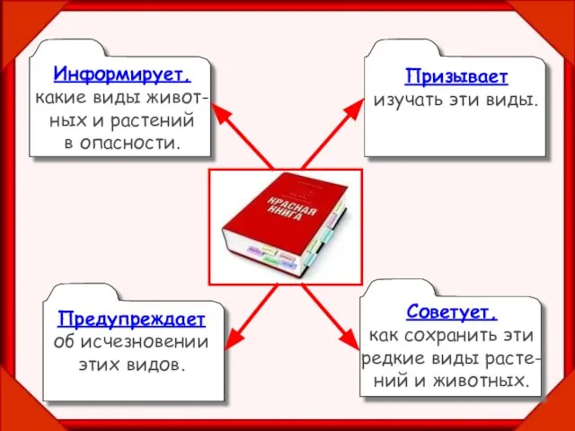 Информирует, какие виды живот- ных и растений в опасности. Призывает изучать эти