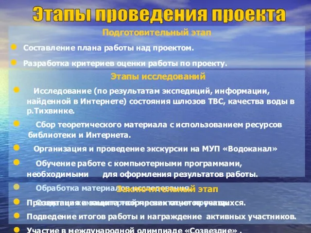 Подготовительный этап Составление плана работы над проектом. Разработка критериев оценки работы по